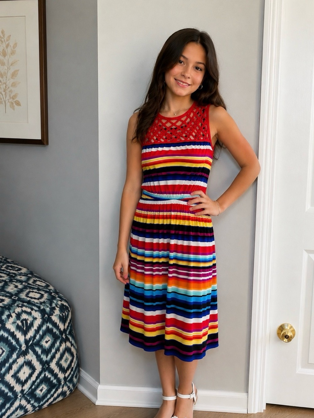 Girls' Sleeveless Multicolor Striped Knit Dress with Red Yoke